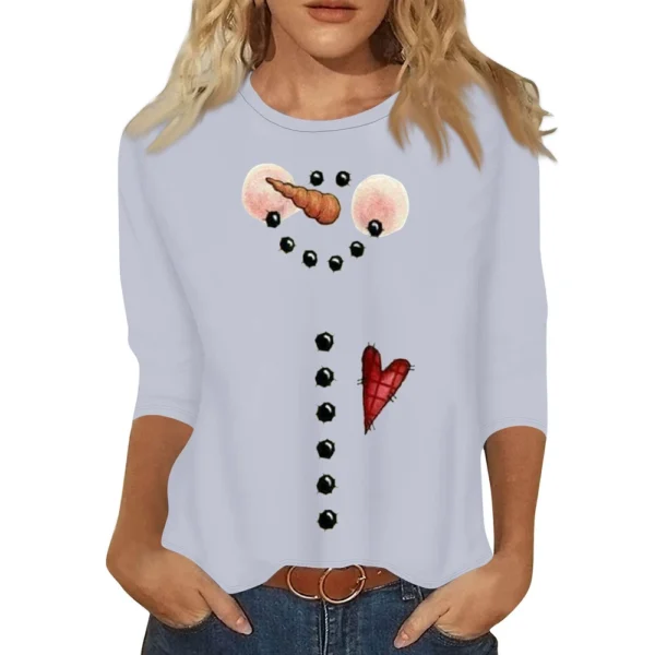 Ladies Casual Christmas Printed Top Round Neck 3/4 Sleeve Loose Women's T-Shirt - Image 6