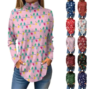 Women's Printed Pullover High Neck Fashion Long Sleeve Casual Christmas T-Shirt