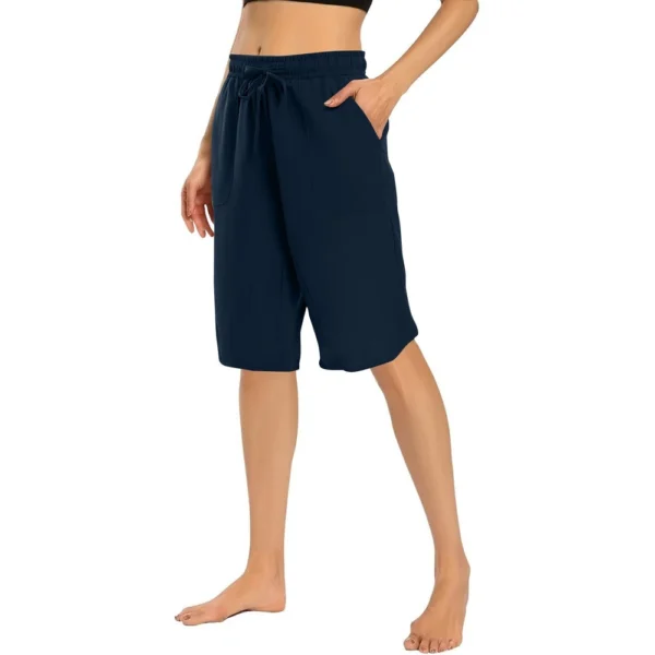 Womens Casual Cotton Hemp High Waist Drop Wide Legs With Drawstring Fifth Pants - Image 20
