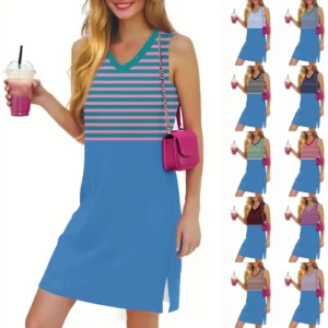 Women's Casual Fashion Sexy V-neck Sleeveless Striped Hem Slit Dress