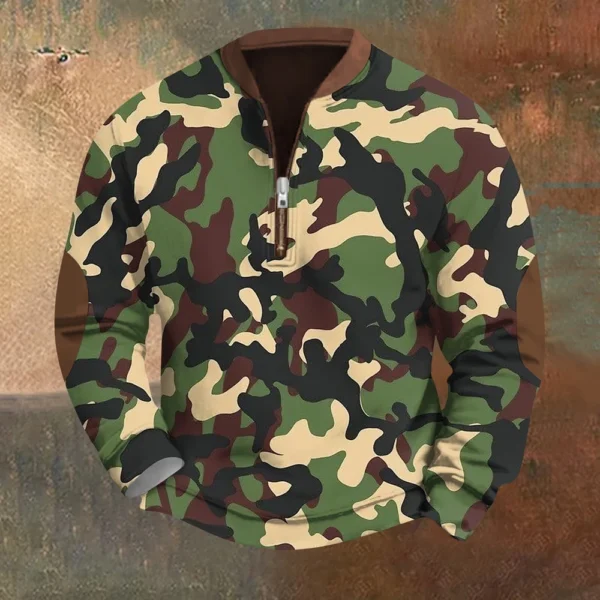 Men's Fashion Casual Half Zip Neck Loose Long Sleeve Camouflage Sweatshirt - Image 34
