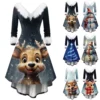 Women's Fashion V-neck Casual Fit Christmas Print Party Long Sleeve Dress