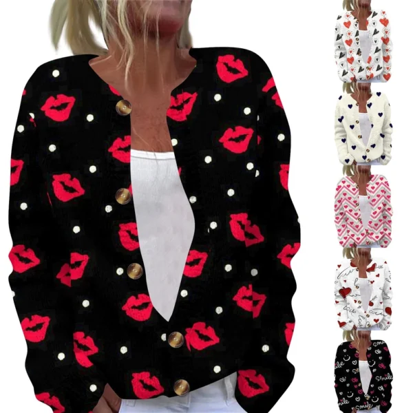Women's Fashion Printed Valentine's Day Long Sleeved Knitted Cardigan Button