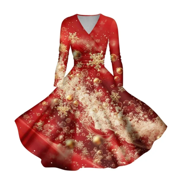 Women's Casual V-Neck Slim Fashion Christmas Long Sleeve Printed Dresses - Image 59