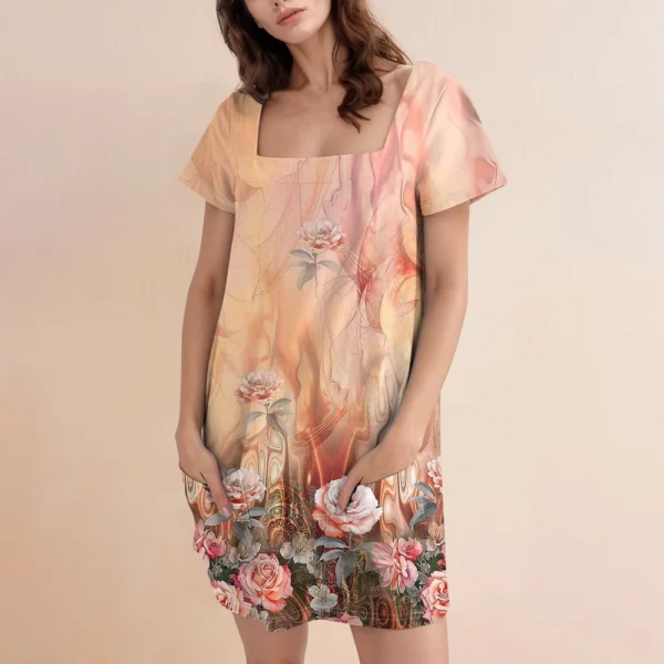 Women's Square Collar Short Sleeve Fashion Skirt Floral Print Pocket Casual - Image 21