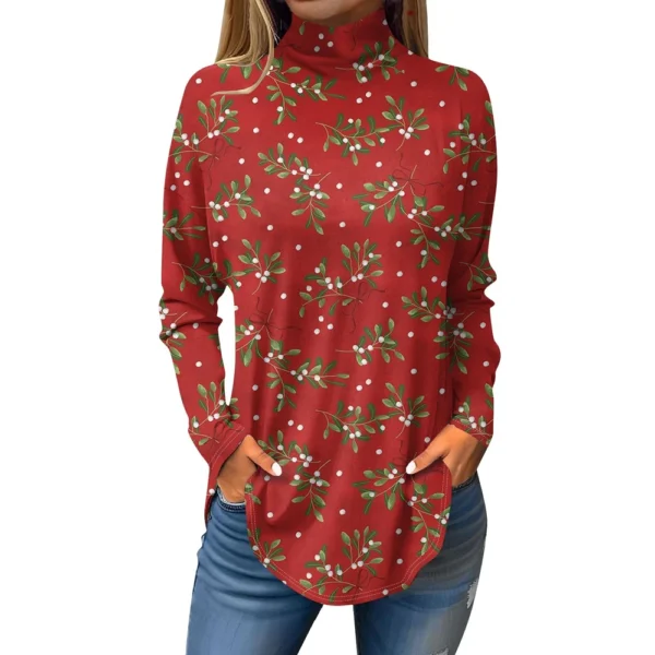 Women's Printed Pullover High Neck Fashion Long Sleeve Casual Christmas T-Shirt - Image 41