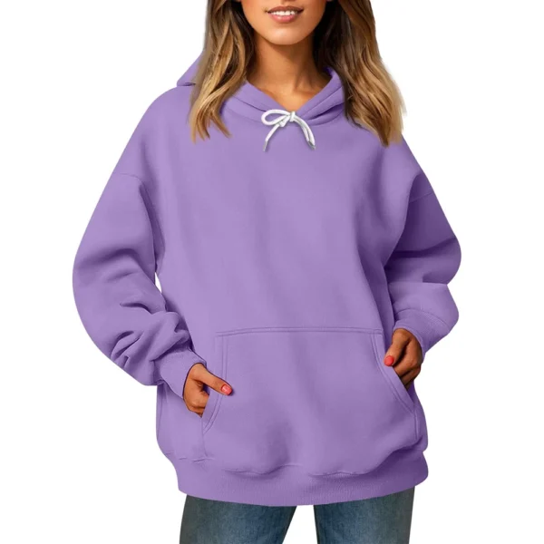 Ladies' Fashionable Casual Long Sleeved Round Neck Hooded Solid Color Hoodie - Image 47