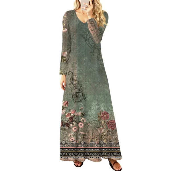 Women's Casual Fashion Long Sleeve Graphic Printed Vintage Long Dresses Fall - Image 7