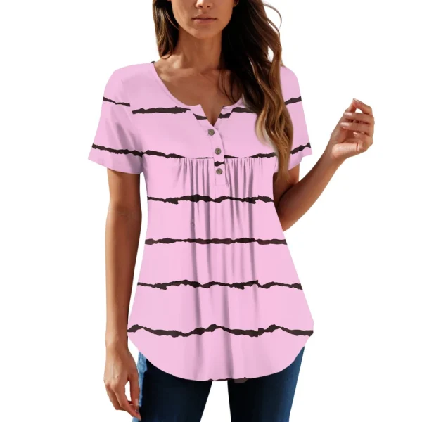 Women Tunic Tops Dressy Casual Summer Short Sleeve Shirts Loose Fit Pleated - Image 38