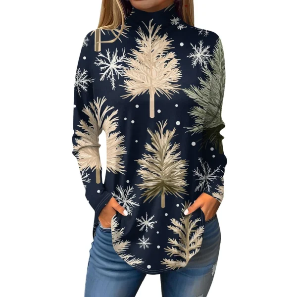 Women's Casual Pullover High Neck Christmas Long Sleeve Printed Fashion T-Shirt - Image 7
