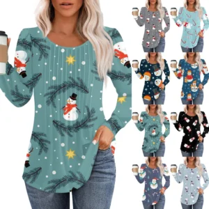 Women's Christmas Printed Top Round Neck Casual Pleated Long Sleeved T-Shirt
