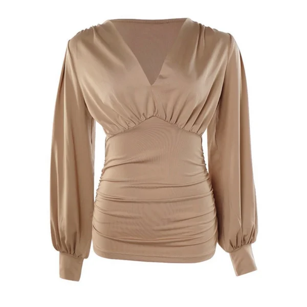 Long Sleeve For Women Fashion V Neck Retro Print Waist Wrapped Top T-shirt - Image 3