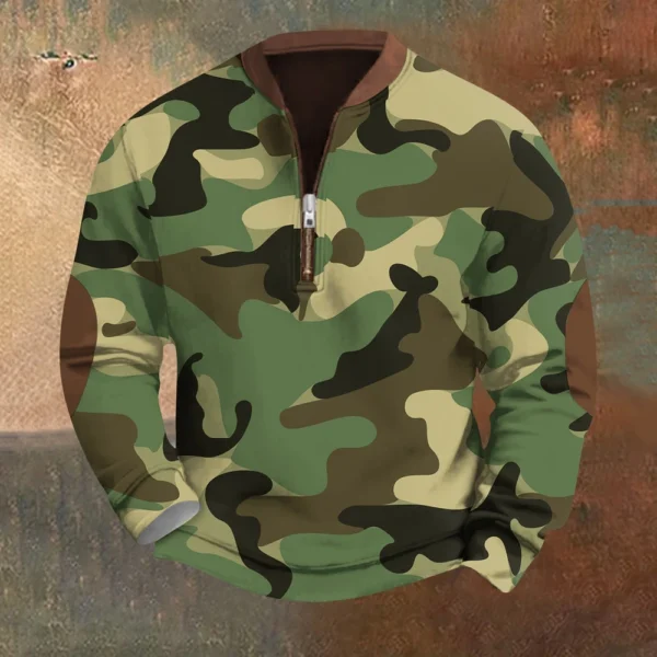 Men's Fashion Casual Half Zip Neck Loose Long Sleeve Camouflage Sweatshirt - Image 19
