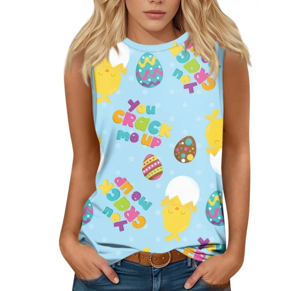 Women's Fashion Casual Easter Printed Round Neck Sleeveless T-Shirt Tops - Image 23
