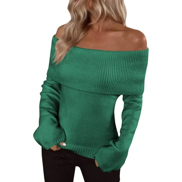 Pullover Jumper Tops Womens Off Shoulder Fold Over Sweater Knit Fall Sweaters - Image 23