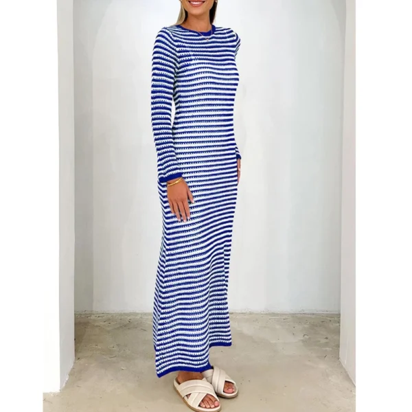 Women's Casual Striped Long Sleeved Sweater Dress, Mid Length Dress, Slim Fit - Image 10