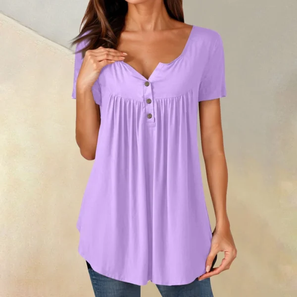 Women Tunic Tops Dressy Casual Summer Short Sleeve Shirts Loose Fit Pleated - Image 46