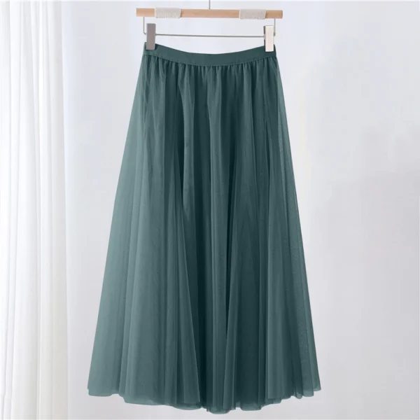 Women's Solid Color Mesh Skirt With Elastic Band Large Swing Mid Length Skirt - Image 28