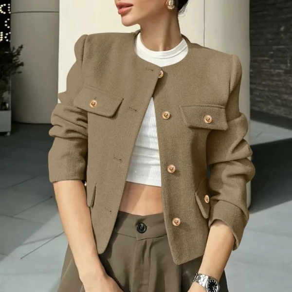 Women's Solid Color Round Neck Fashionable Button Decorated Short Jaket - Image 19
