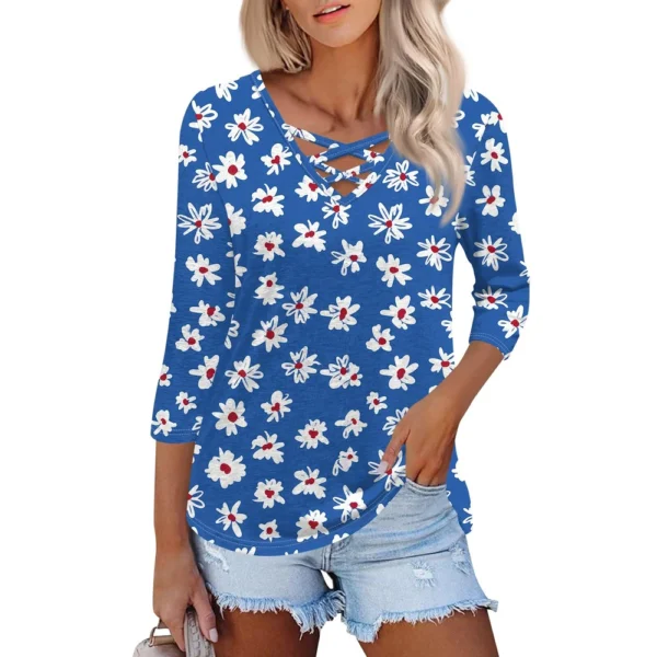 Women's Fashion Loose Cross V-Neck Seven Sleeve T-Shirt Vintage Floral Print - Image 14
