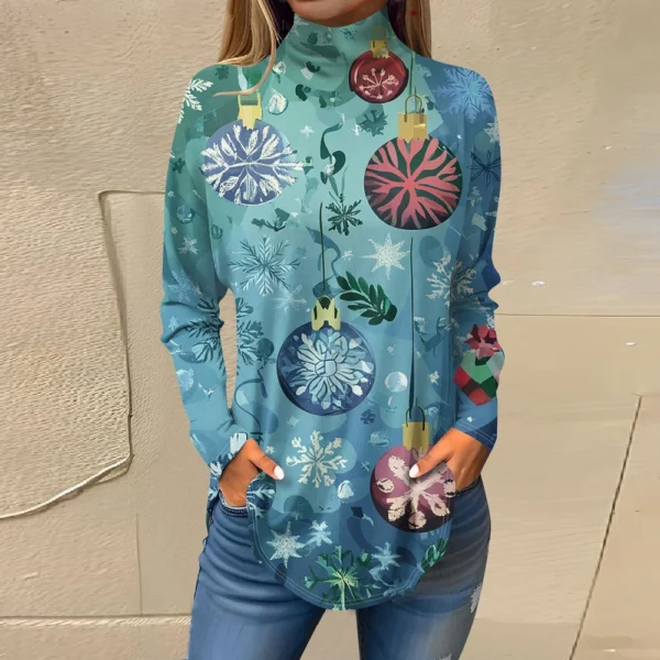 Women's Casual Pullover High Neck Christmas Long Sleeve Printed Fashion T-Shirt - Image 13