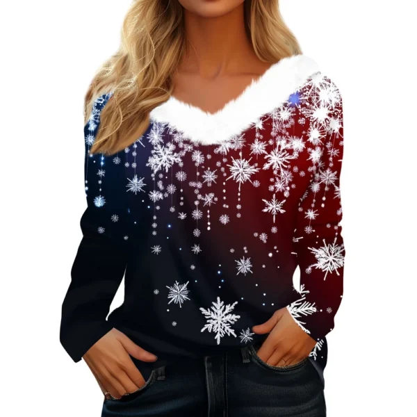 Women's Christmas Party V Neck T Shirt Fleece Collar Shirt Long Sleeve Top - Image 32