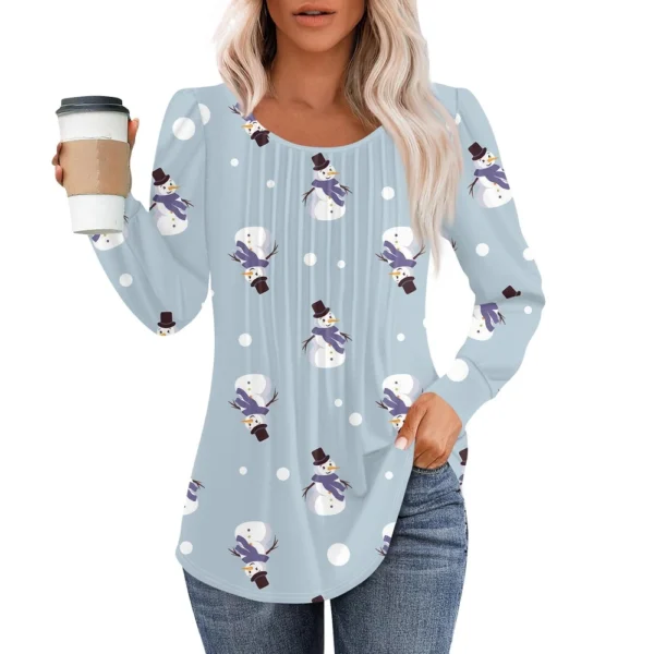 Women's Christmas Printed Top Round Neck Casual Pleated Long Sleeved T-Shirt - Image 35