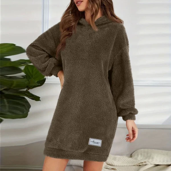 Women's Fashion Hooded Long Sleeve Plush Dress Solid Color Casual Sweatshirt - Image 22