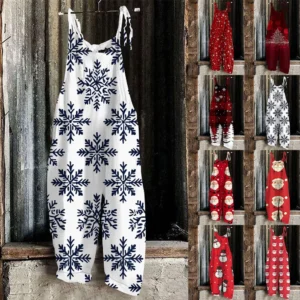 Women's Loose Print Casual Christmas Vintage Jumpsuit Shoulder Strap