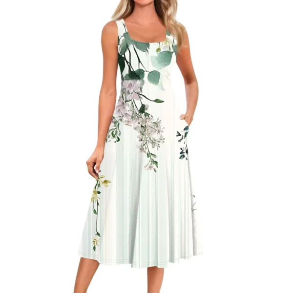 Women's Casual Fashion Floral Print Round Neck Sleeveless Solid Color Midi Dress - Image 10