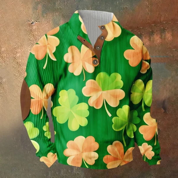 Knit Printed 3 Button - Corduroy Men's Standing Collar Pocket Sweatshirt - Image 16