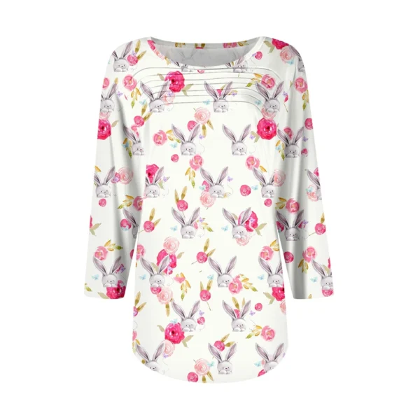 Women's Fashion Round Neck Pleated Front Placket Print 3/4 Sleeve Top - Image 9