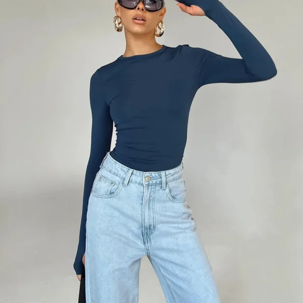 Women's Solid Color Crew Neck Bottom Shirt Long Sleeve Top Women's - Image 11