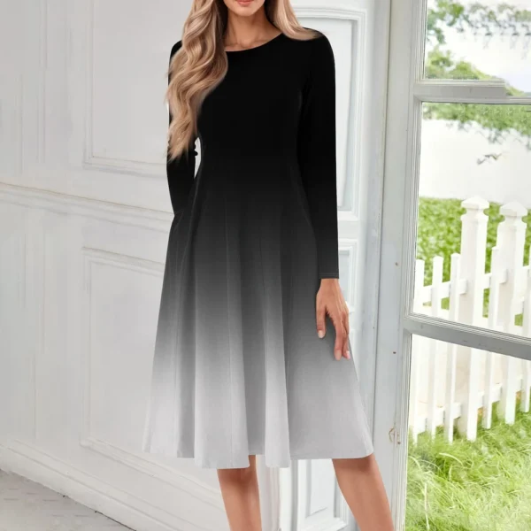 Women's Casual Fashion Round Neck Long Sleeve Print Midi Dress - Image 16