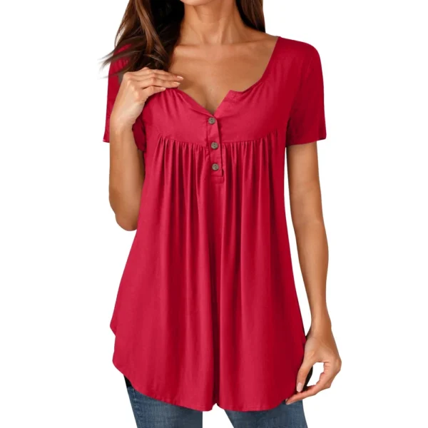 Women Tunic Tops Dressy Casual Summer Short Sleeve Shirts Loose Fit Pleated - Image 2