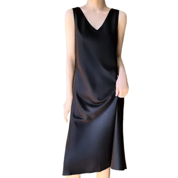 Women's Dress Satin Long Knee Length Summer Large Size Solid Color V-Neck Skirt - Image 17