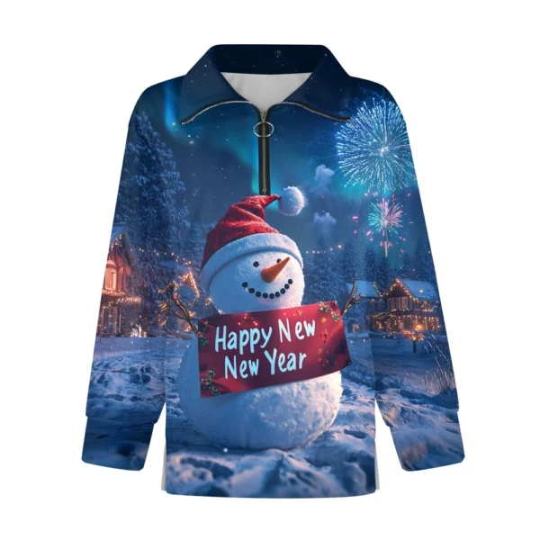 Women's Casual Half Zipper Lapel Christmas Printed Pullover Top Side Slit - Image 12