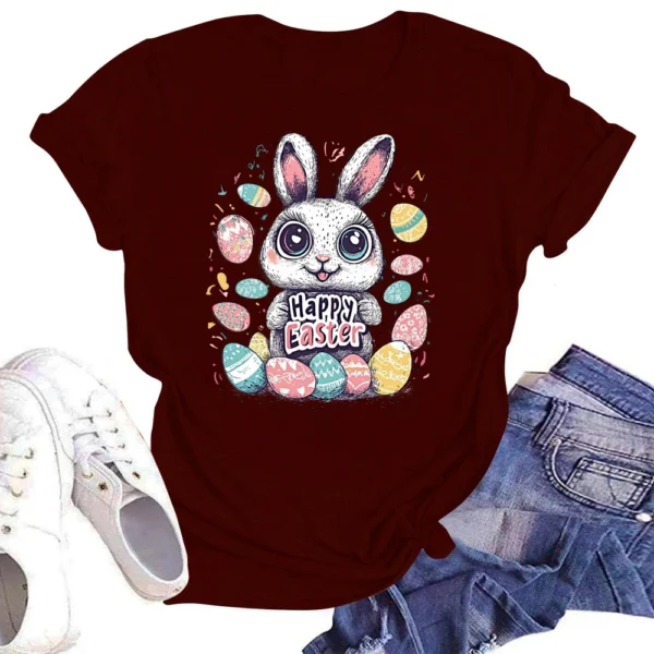 Happy Easter Women's Fashion Printed Round Neck Short Sleeve T-Shirt Pullover - Image 28