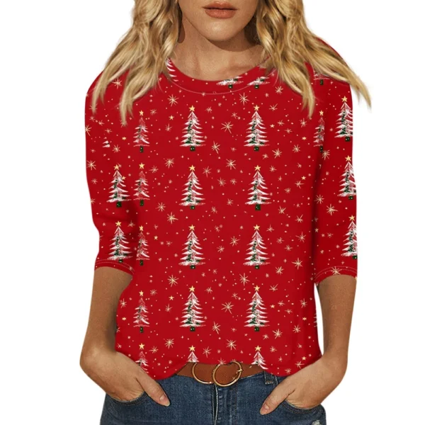Ladies Loose Printed Casual T-Shirt Round Neck 3/4 Sleeve Christmas Women's Top - Image 4