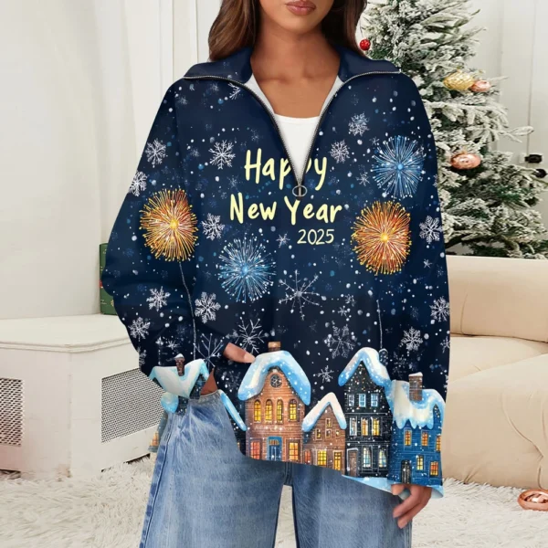 Women's Casual Half Zipper Lapel Christmas Printed Pullover Top Side Slit - Image 36