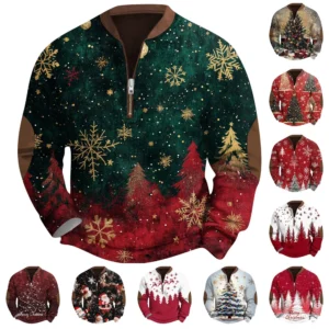 Men's Fashion Casual Half Zipper Neck Loose Long Sleeve Christmas Printed
