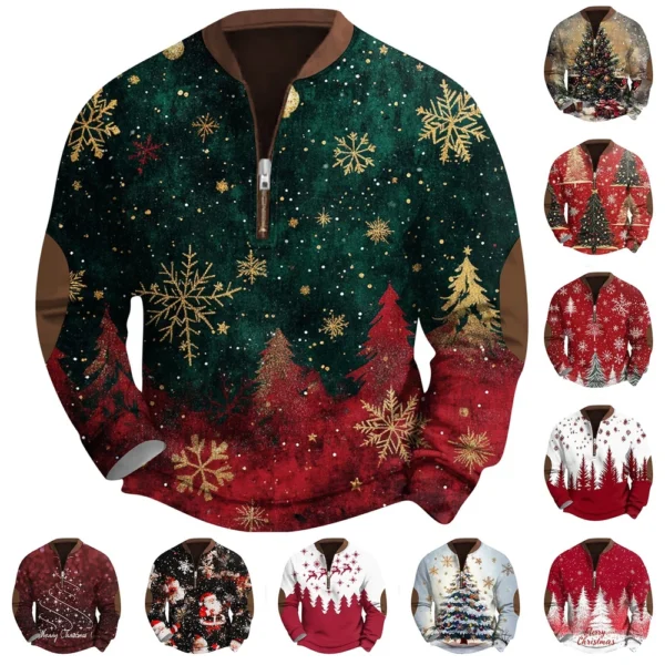 Men's Fashion Casual Half Zipper Neck Loose Long Sleeve Christmas Printed