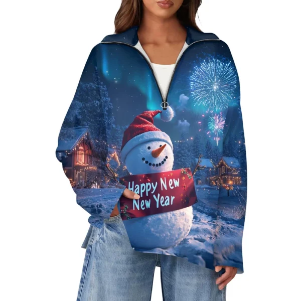 Women's Casual Half Zipper Lapel Christmas Printed Pullover Top Side Slit - Image 20