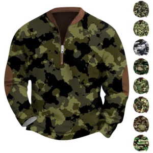 Men's Fashion Casual Half Zip Neck Loose Long Sleeve Camouflage Sweatshirt