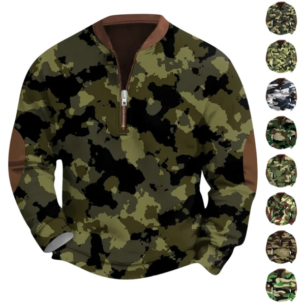 Men's Fashion Casual Half Zip Neck Loose Long Sleeve Camouflage Sweatshirt