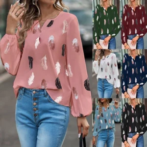V-neck printed long-sleeved loose T-shirt women's top
