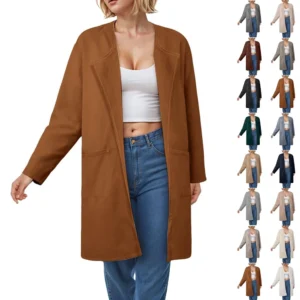 Ladies Solid Color Lapel Cardigan Tweed Cotton Coat Long Sleeve Jacket With