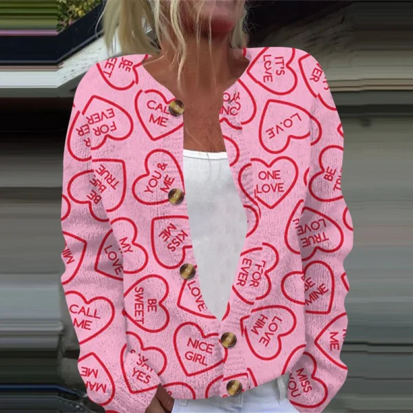 Women's Fashion Printed Valentine's Day Long Sleeved Knitted Cardigan Button - Image 19