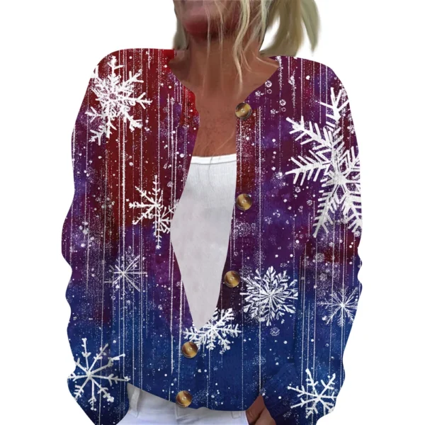 Women's Fashion Christmas Printed Long Sleeve Knitted Cardigan Button Down - Image 3