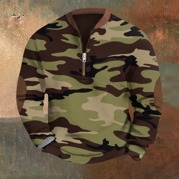 Men's Fashion Casual Half Zip Neck Loose Long Sleeve Camouflage Sweatshirt - Image 28